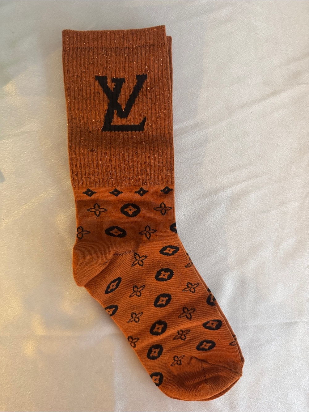 New! Louis Vuitton Designer-Style Orange Patterned Crew Socks